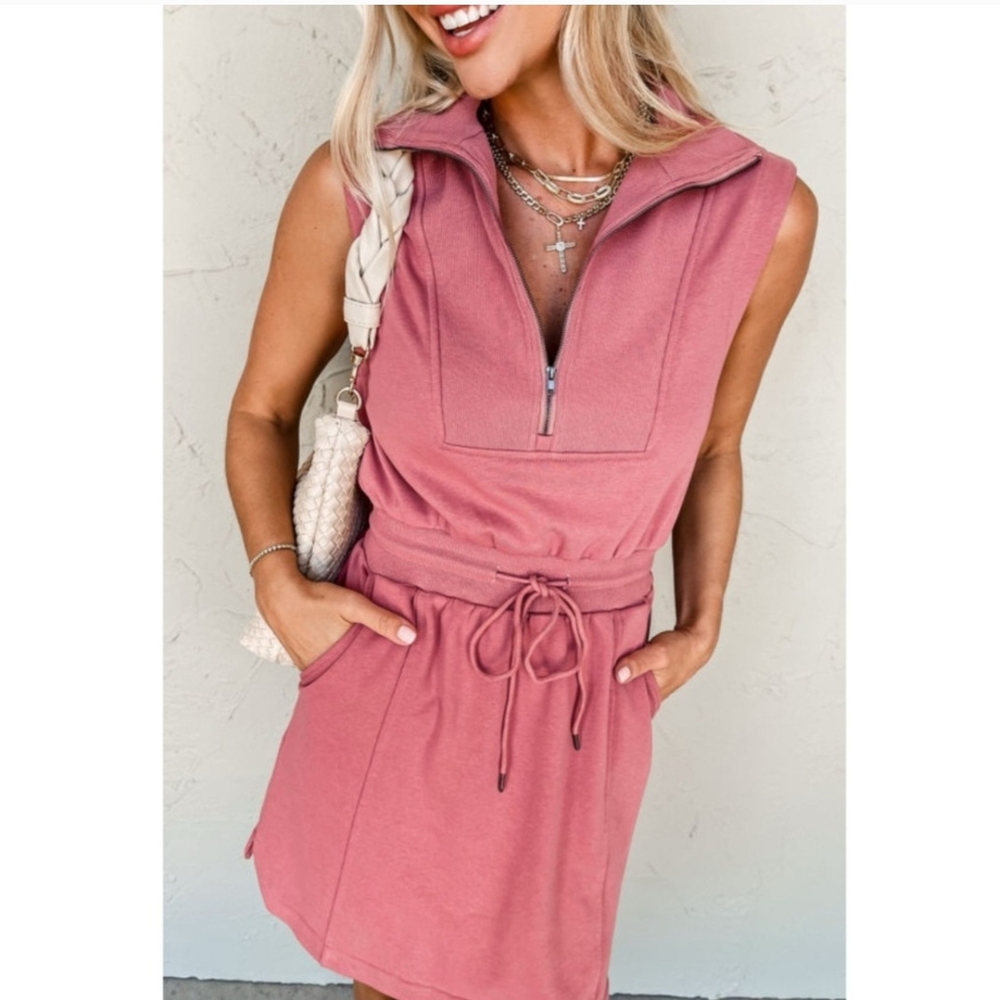 Casual Pink Zipped Polo Collar Drawstring Mini Dress S-M-L - Picture 3 of 10
